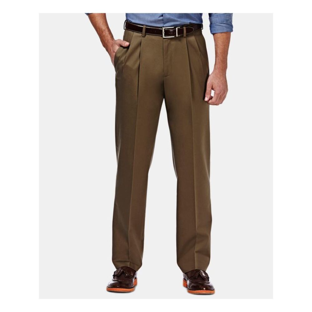 HAGGAR CLOTHING Mens Brown Pleated Straight Leg Classic Fit Pants 40 X 32